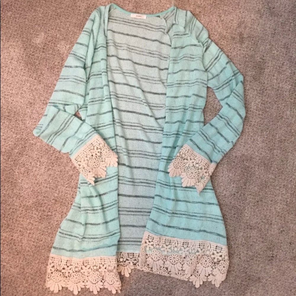 Teal striped cardigan with lace accents by Jodifl